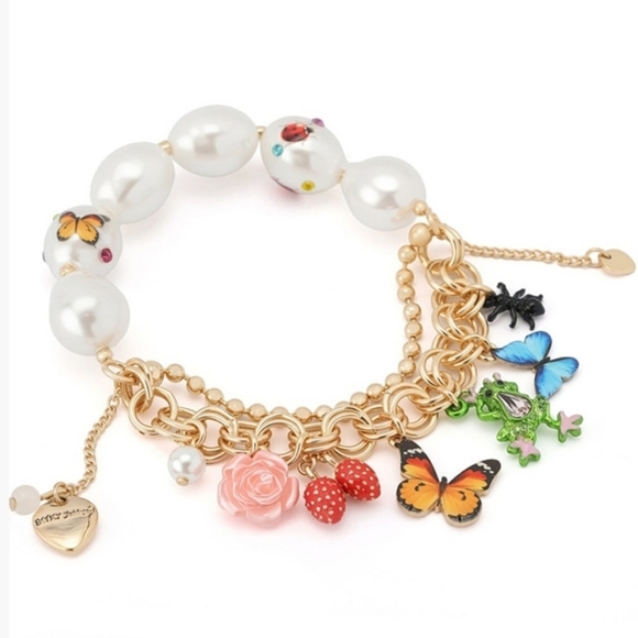 Betsey Johnson Jewelry - 🦋🔹️Betsey Johnson🔹️ Faux Stone Butterfly Mixed Charm pearl Stretch Bracelet